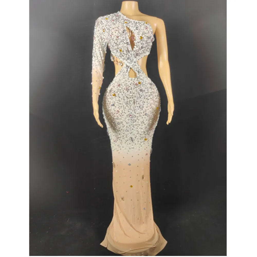 Abito da festa di lusso da donna Manica lunga Manica lunga singola Tagliata Perline di cristallo Perle con borchie Abito da compleanno maxi lungo aderente