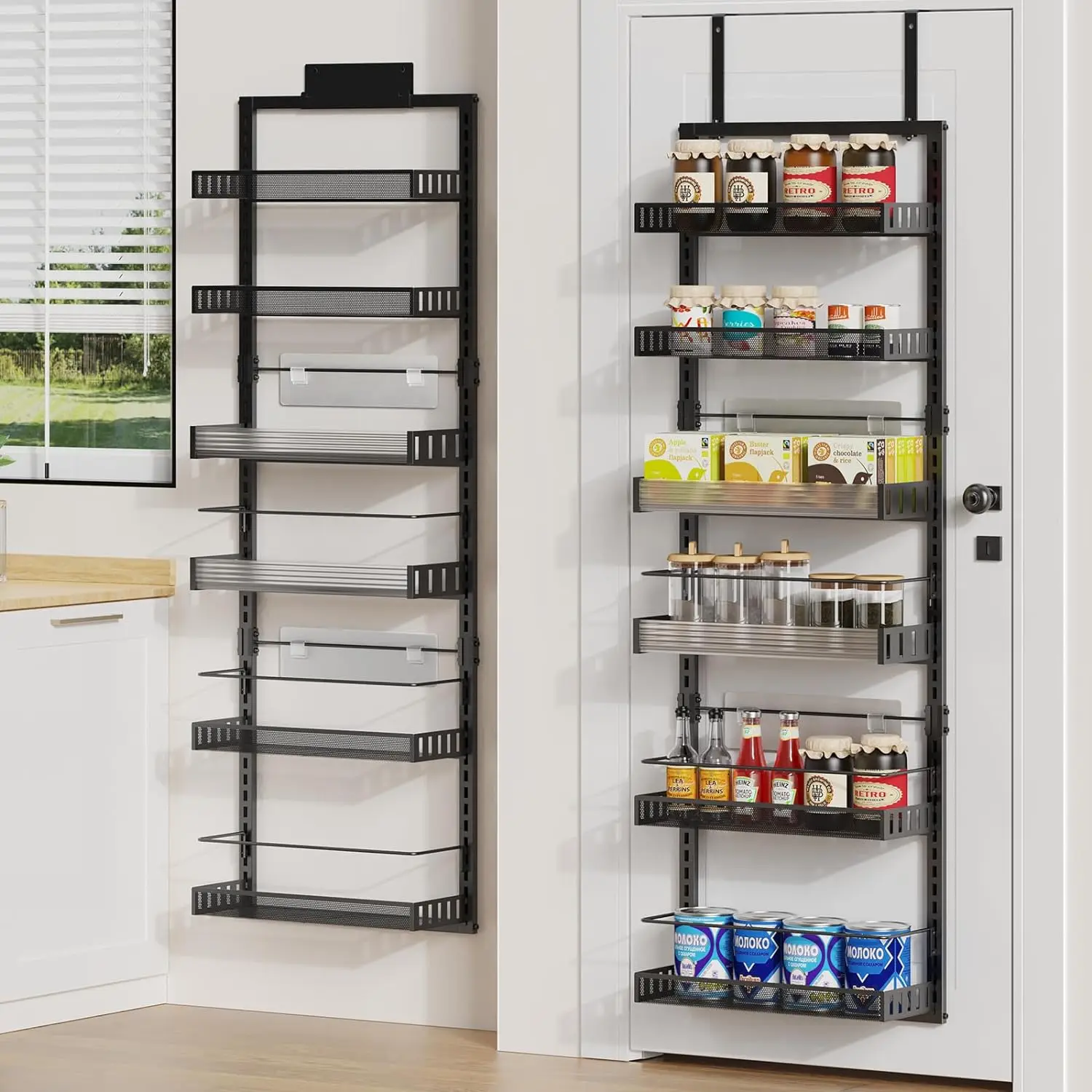 

6-Tier Over The Door Pantry Organizer, 2 in 1 Large Door Spice Rack with Adjustable Metal Baskets, Heavy Duty Hanging or Wall Mo