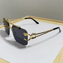 Gold Frame Fashion Sun Glasses Metal Leopard Rimless Sunglasses Double Bridges Gradient Ocean Film Shades UV400