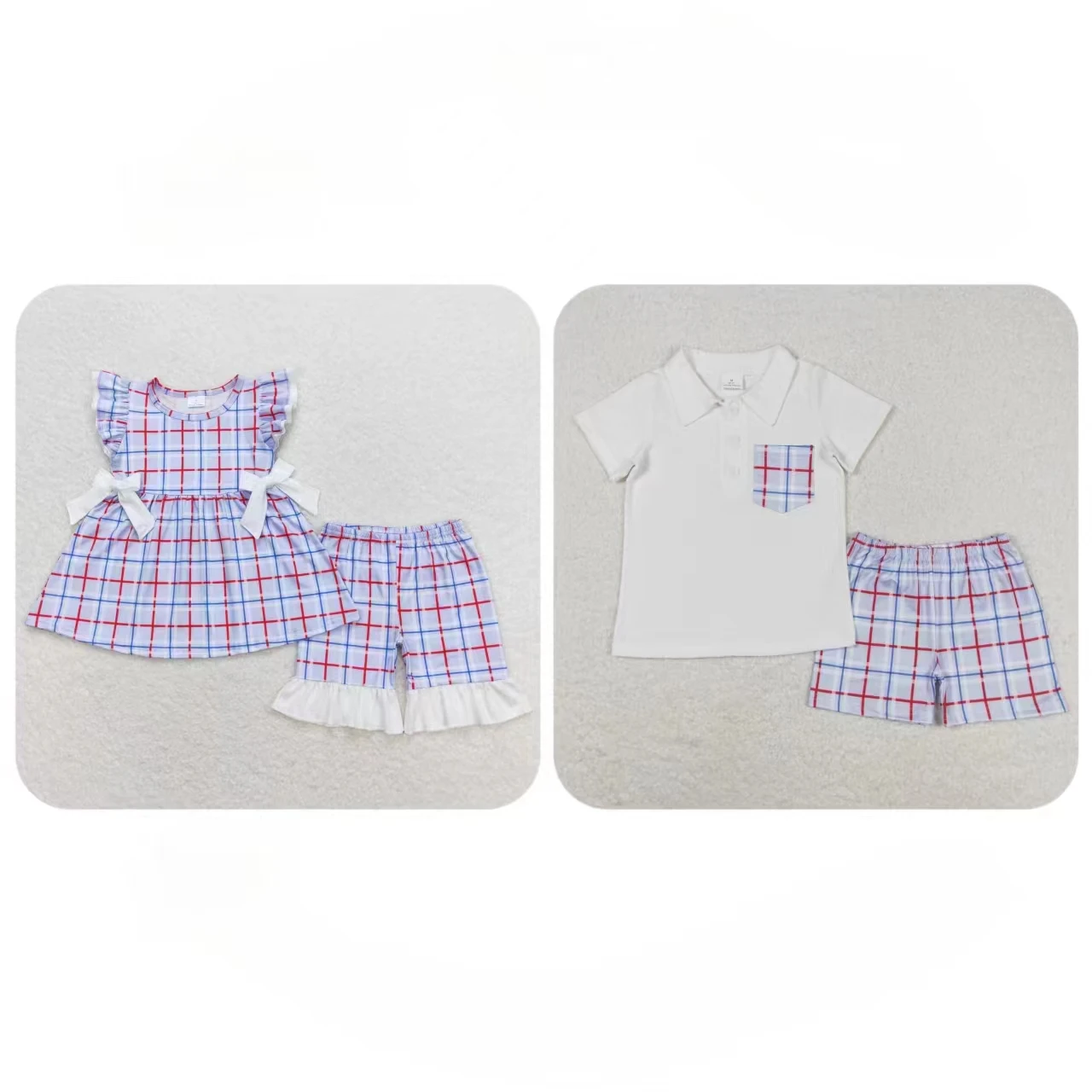 

Wholesale Infant Clothing Baby Boy Girl Summer Short Sleeves Tops Toddler Plaid Shorts Outfit Kids Children Two Pieces Set