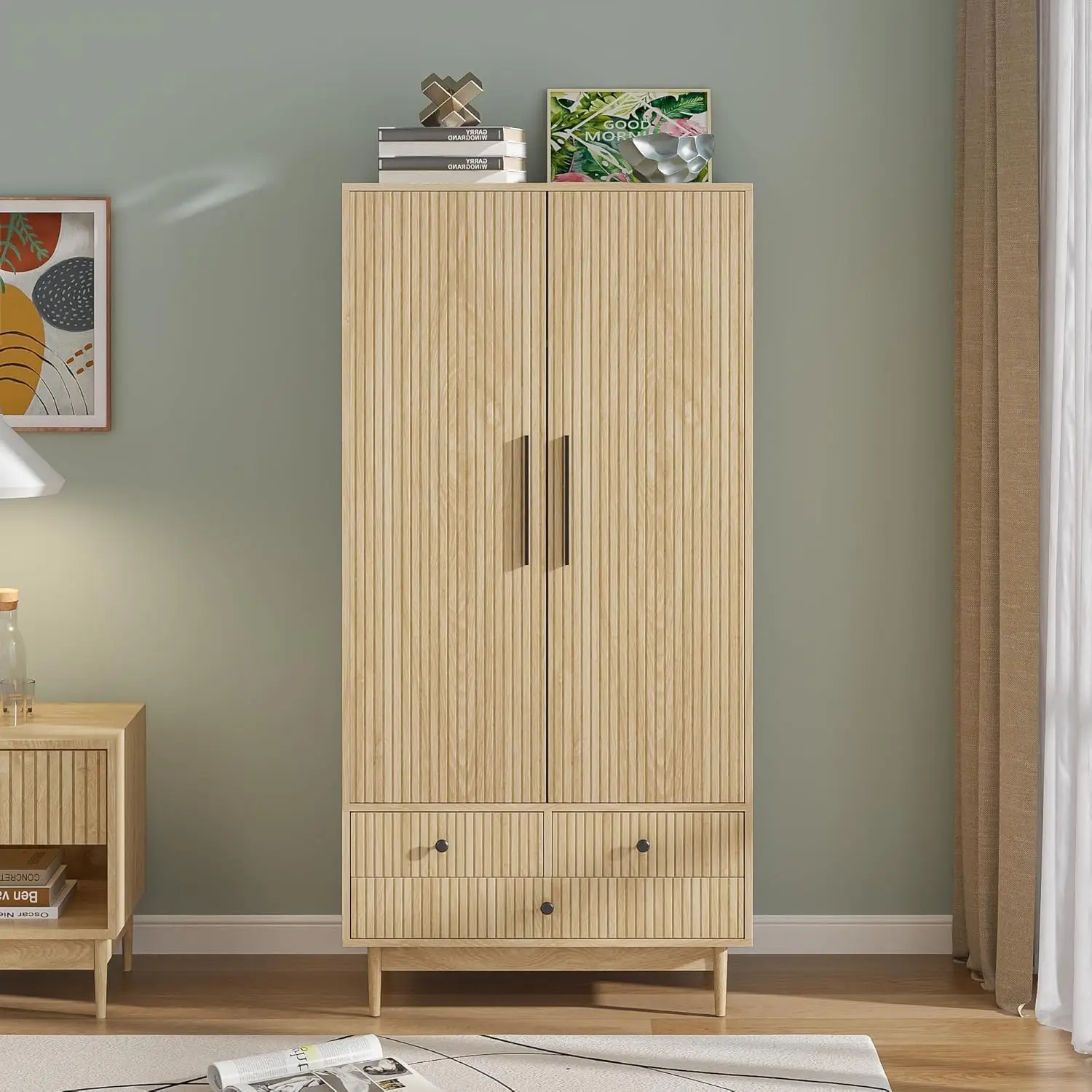 Armário Autoportante com Prateleiras e Haste Suspensa, Armário de Armário com 2 Portas Caneladas, Modern Wooden Bedroom Armoi