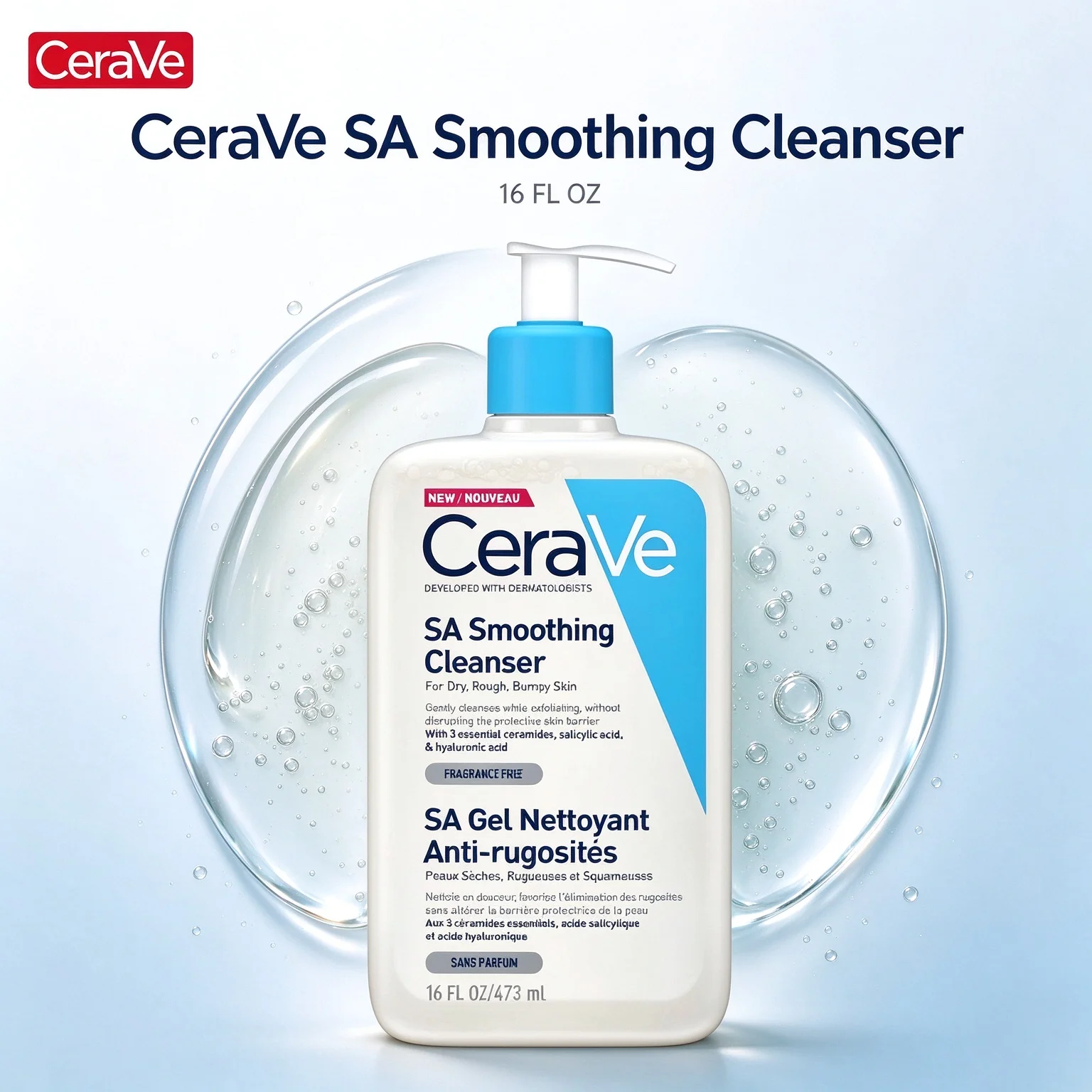 CeraVe Dry Rough Bumpy Skin SA Smoothing Cleanser, Fragrance Free SA Gel Nettoyant Anti-rugosités 16 FL OZ (473ml)