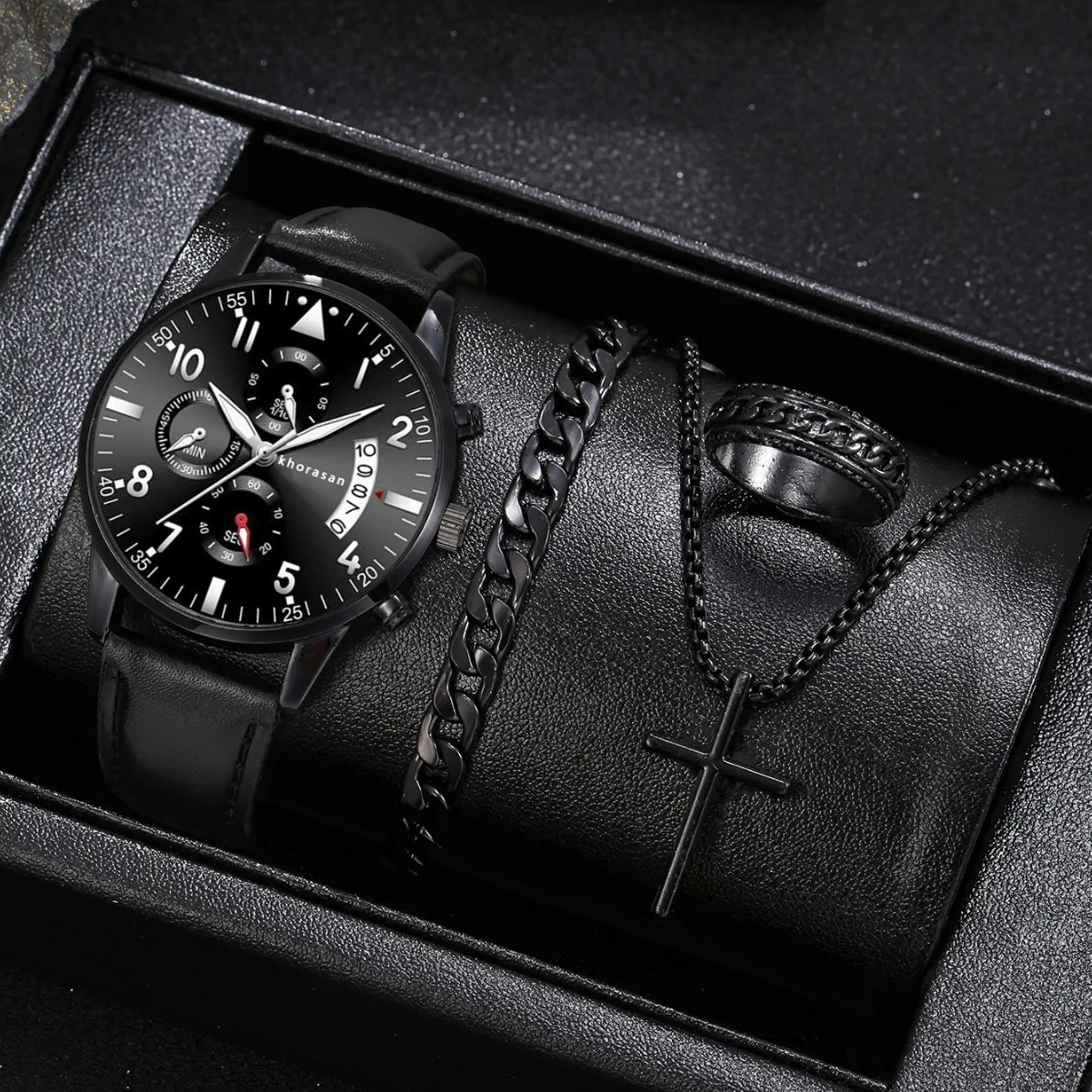 

Набор мужских часов из 4 предметов, деловой тренд, классические кварцевые часы с круглым циферблатом, браслет и ожерелье, идеальный подарок для друзей или папы