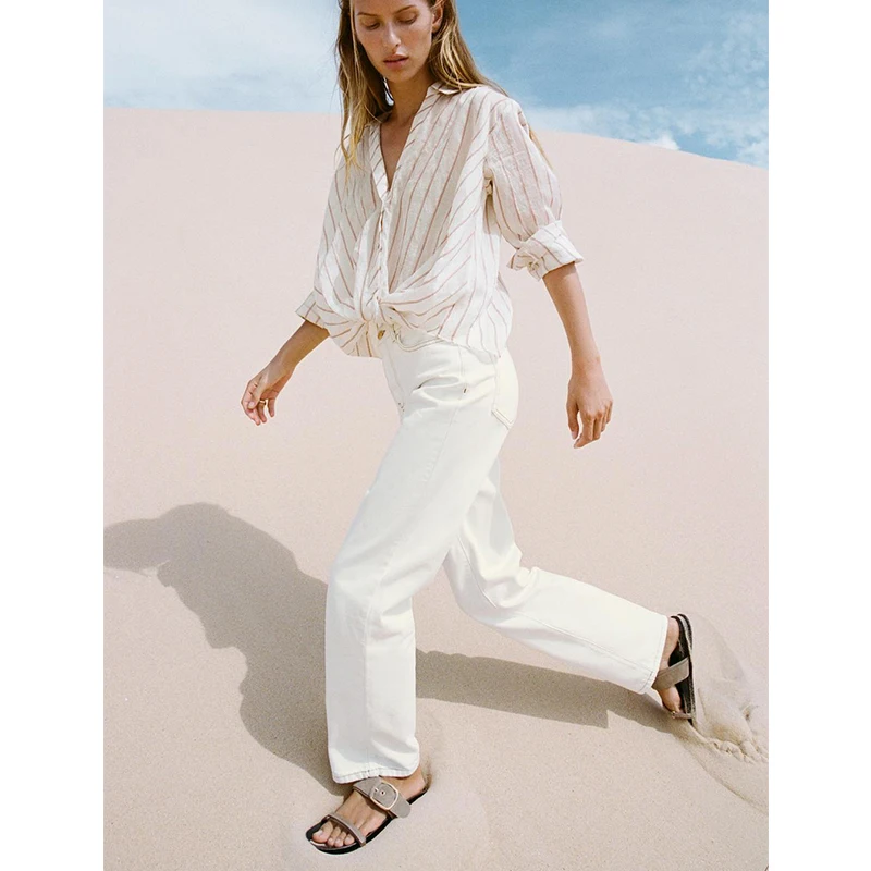 

Spring Summer New Women's irt V-Ne Tie Striped Long Sve Collar Loose Fit Polyester Casual Busin Office Wear