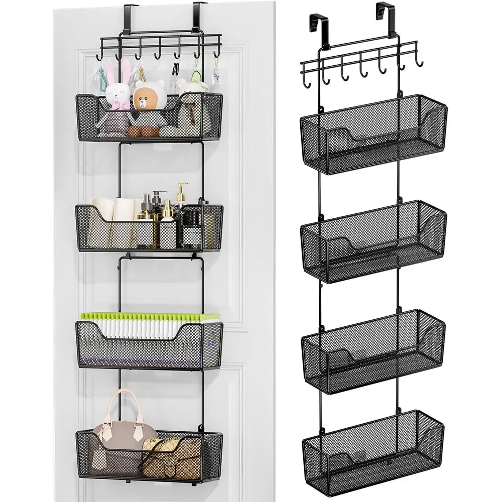 

Door Hanging Organizer with 4 Metal Baskets and Adjustable Hooks for Home Storage