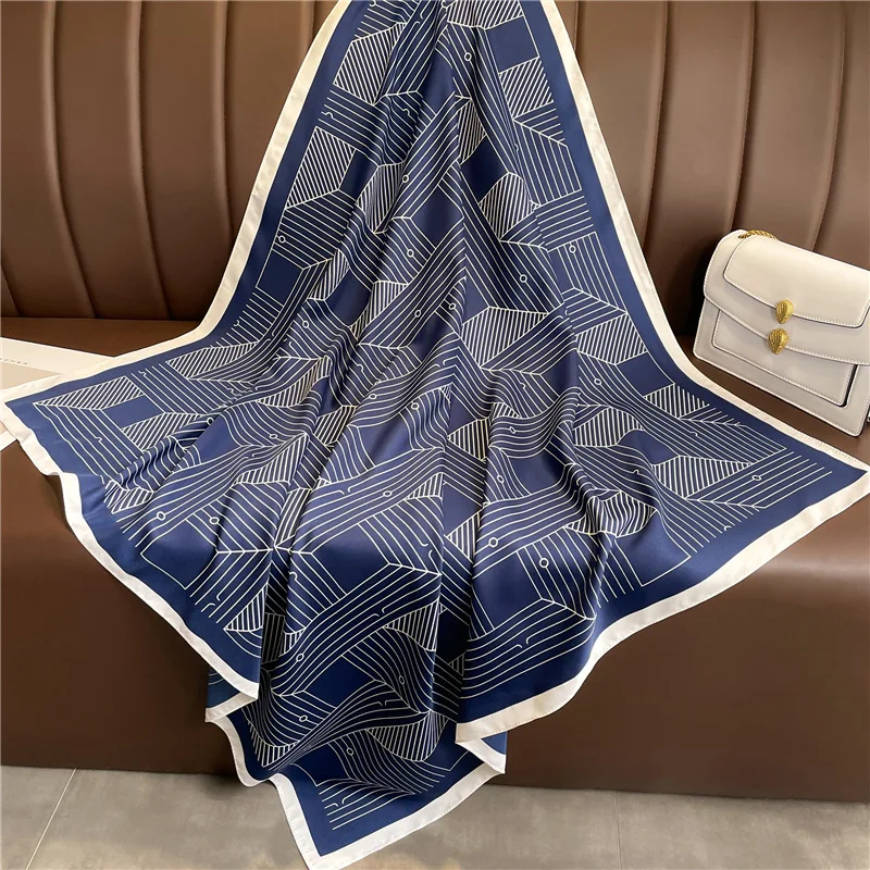 90x90CM Women New Summer Twill Silk Square Scarf Big Shawl Fashion Luxury Geometric Minimalist Print Design Headscarf Scarves