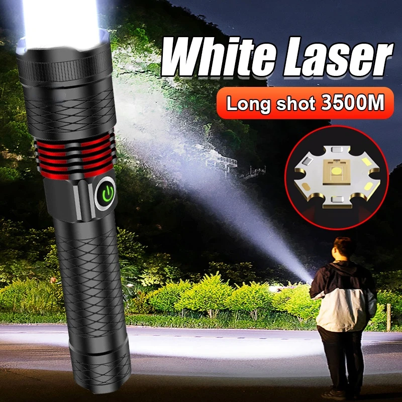High Power White Laser Flashlight Long Shot 3500M Torch Rechargeable LED Light Zoomable Lamp Camping Light Waterproof Lantern