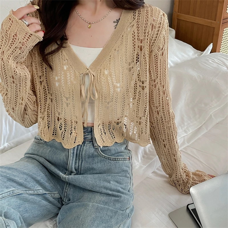 Pointelle Knit Long Sleeve Tie Front Cardigan Sweater for Women Cover-Up Spring Summer Teengirl Y2K Grunge Outfit