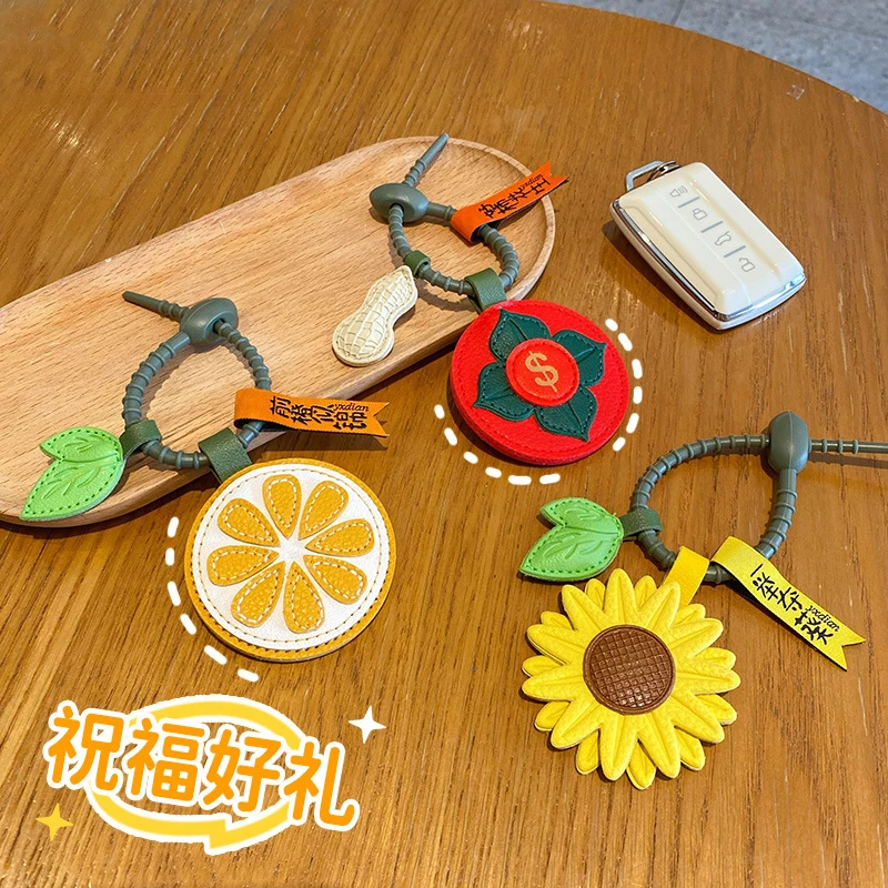 High-grade Leather Green Leaf Orange Bless Bright Future Key Chain Sunflower Good Thing Happened Peanut Persimmon Fruit Keychain