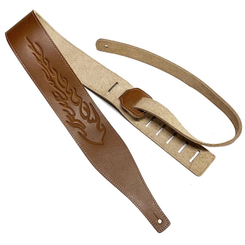 Leather Guitar Strap Embossed Guitar Shoulder Strap Universal Musical Instrument Accessories,Brown Flame Style