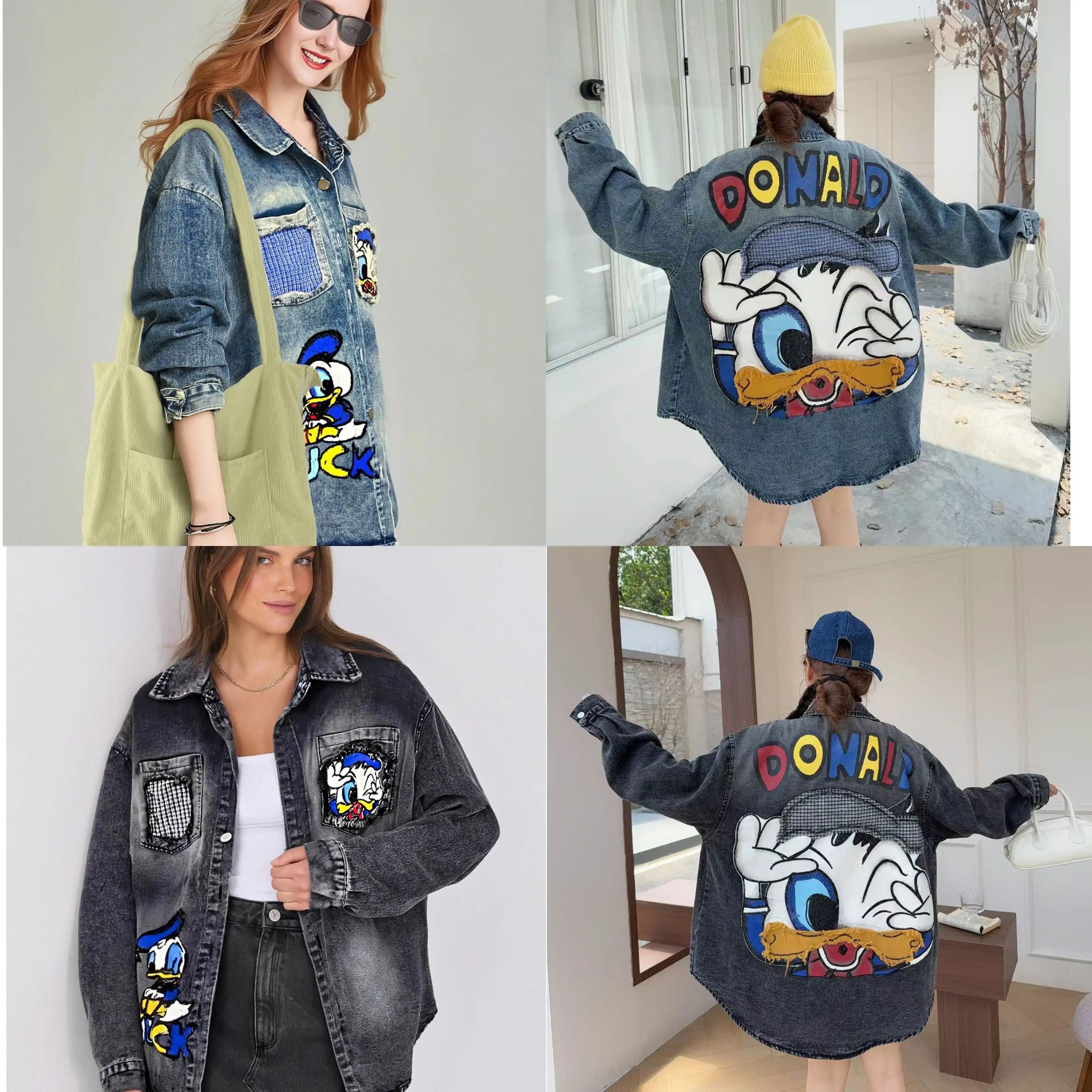

Европейский и американский модный бренд, тяжелая промышленность, вышивка, Дональд Дак, мультяшный принт, тонкая свободная джинсовая куртка, воротник рубашки