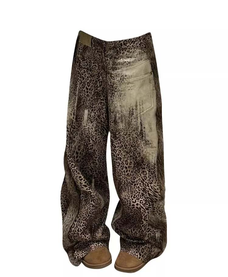 Plus size americano retro emenda fluff leopardo impressão jeans de cintura alta nova menina legal outono inverno rua calças de perna larga esfregar