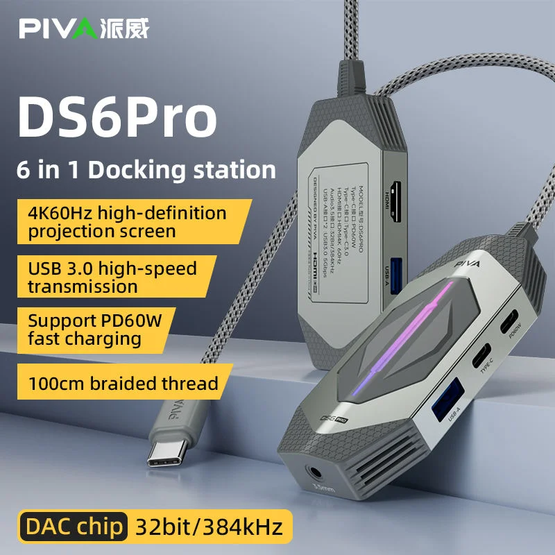 PIVA DS6Pro 6-in-1 Docking Station Type-C to USB Hub with HDMI Projection 4K60Hz Multifunctional PD60W Fast Charging Adapter