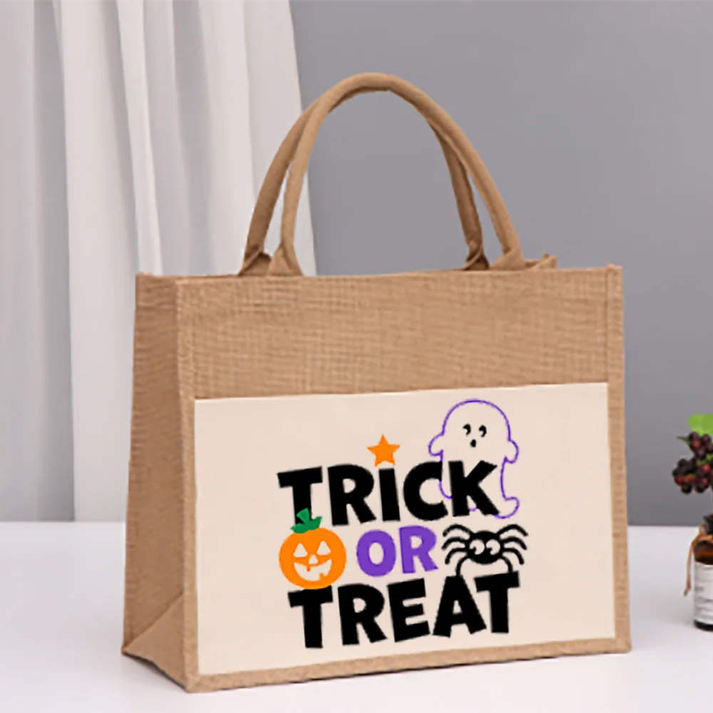 

1Pcs Halloween Trick or Treat Linen Tote Bag Large Capacity Cute Ghost Pumpkin Spider Element Suitable for Various Occasions