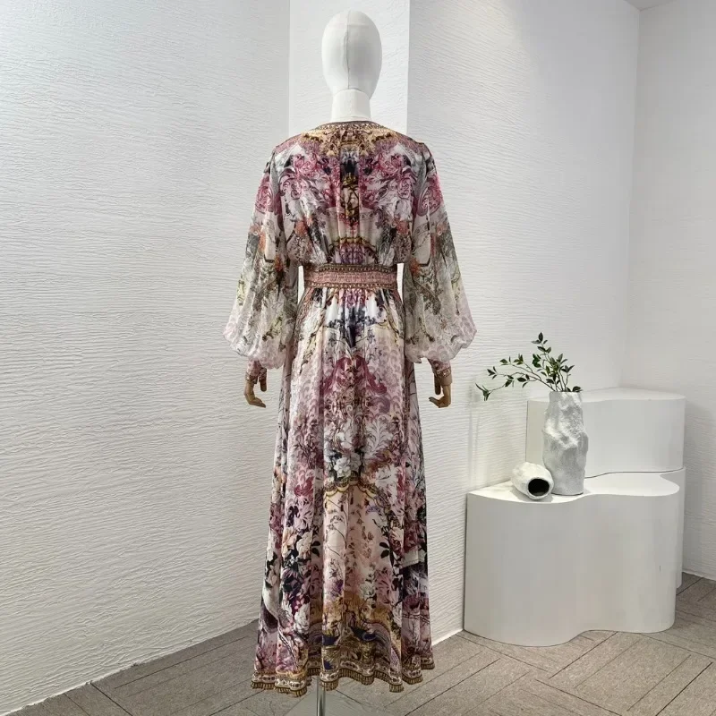 Pure Silk Midi Dress for Woman Multicolor Floral Print Diamonds Pressed Long Sleeeve Deep V Neck Luxury Style High Quality 2024