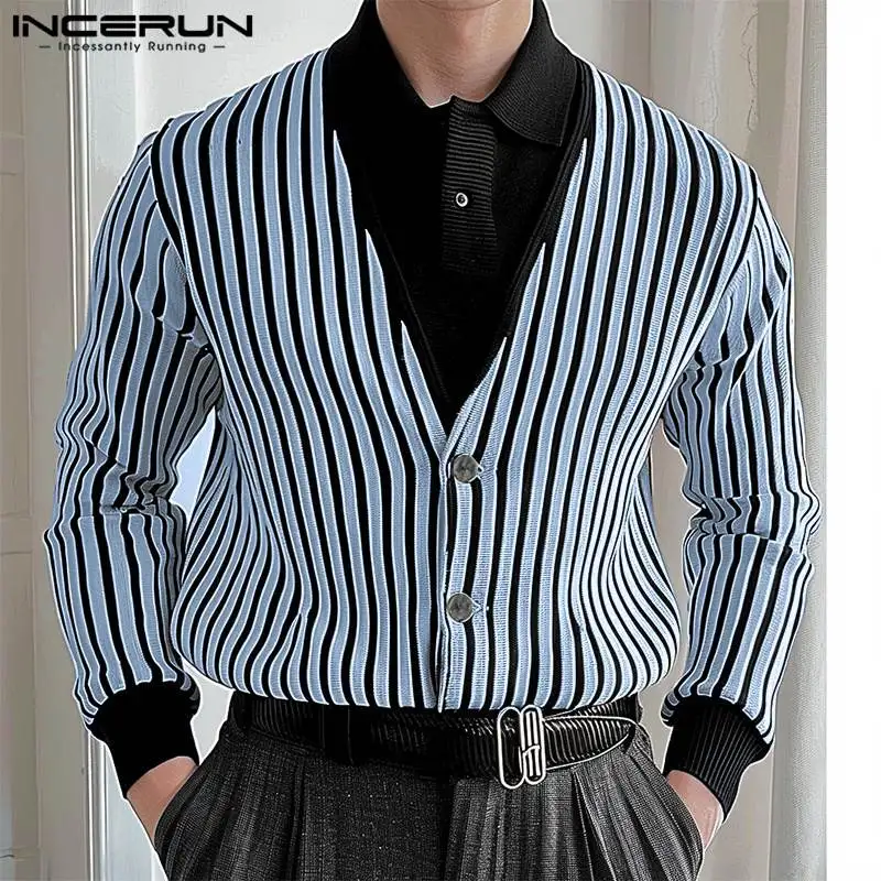 

INCERUN Tops 2024 Korean Style Handsome New Mens Personality Stripe Shirts Casual Male V-neck Cardigan Long Sleeved Blouse S-5XL