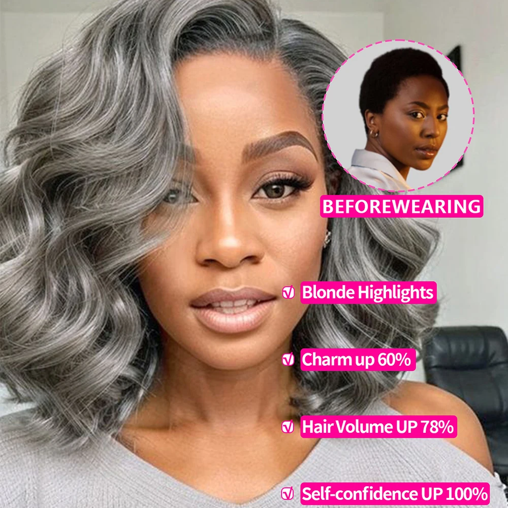 5x5 Salt And Pepper Gray Color Body Wave Glueless Wig Pre-Cut Lace Short Layered Loose Wave Wig Grey Lace Front Wigs Human Hair