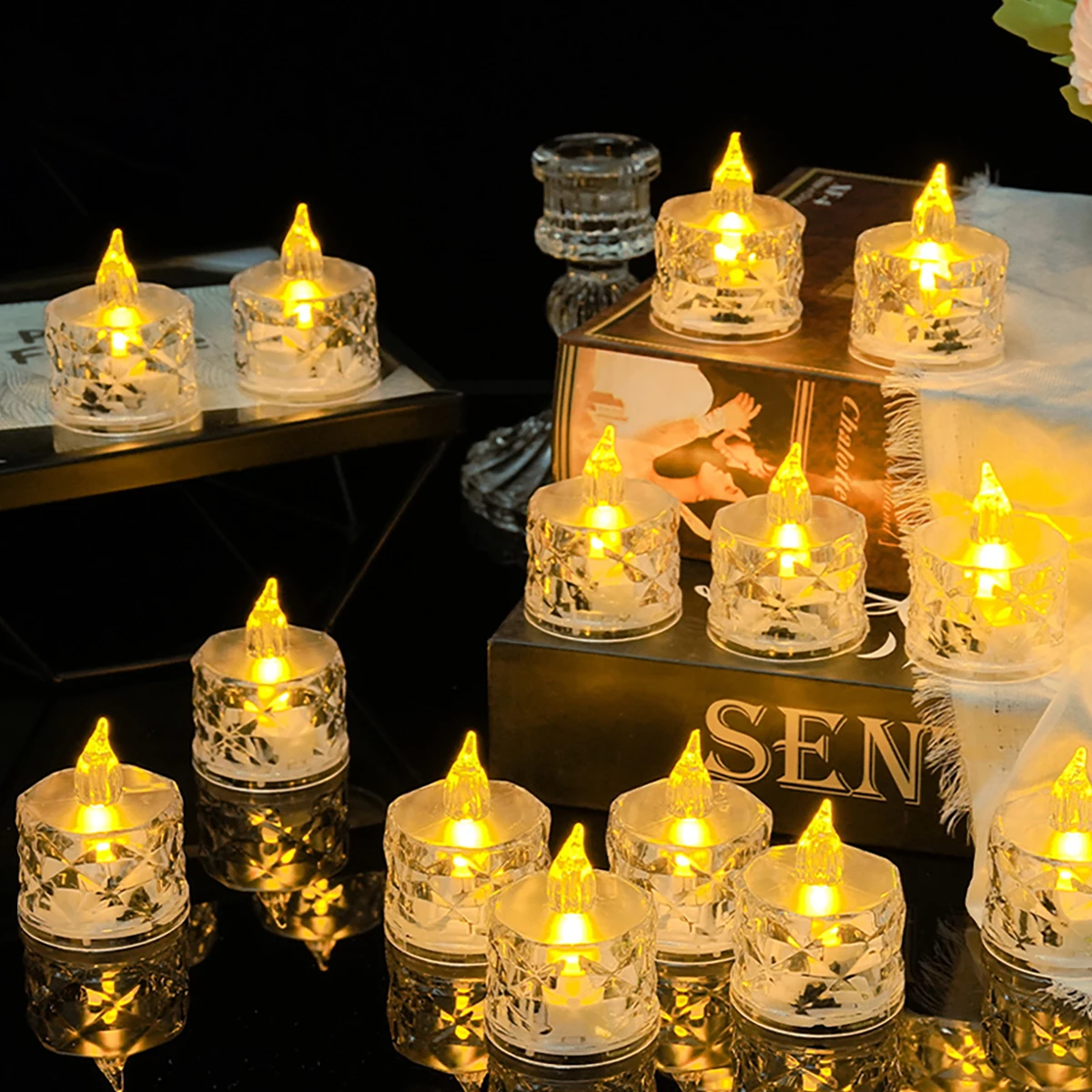 12/24 قطعة من مصابيح الشموع LED ذات مظهر كريستالي، شموع بلاستيكية عديمة اللهب، شموع زخرفية لسطح الطاولة الداخلية (تطلب البطارية)، مناسبة لعيد الميلاد والحفلات وحفلات الزفاف، والشموع المستديرة ذات الطابع الفضائي، مع فتيل واحد، مع التحكم في المفتاح #4
