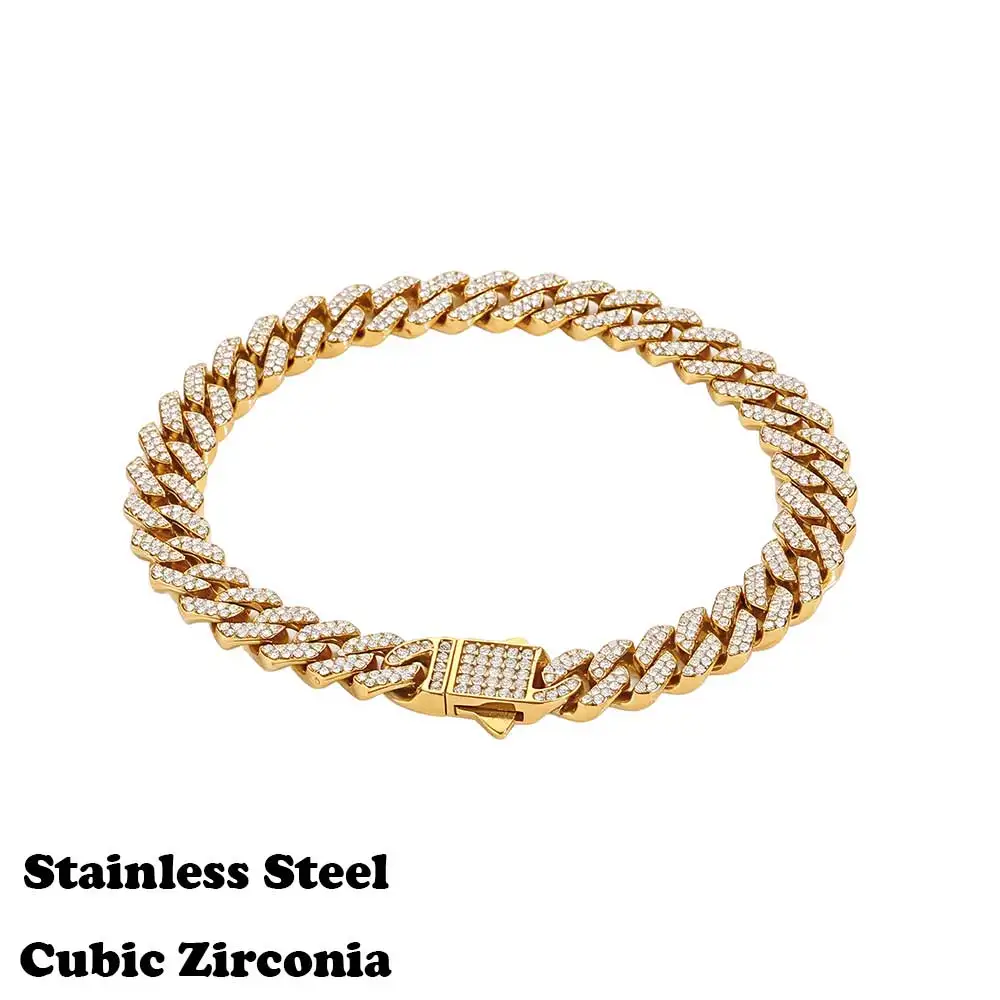ESKEEM New Arrival 8mm Iced Out Cuban Link Chain Necklace Gold Plated Stainless Steel Cuban Chain Hip Hop Jewelry Gift Men