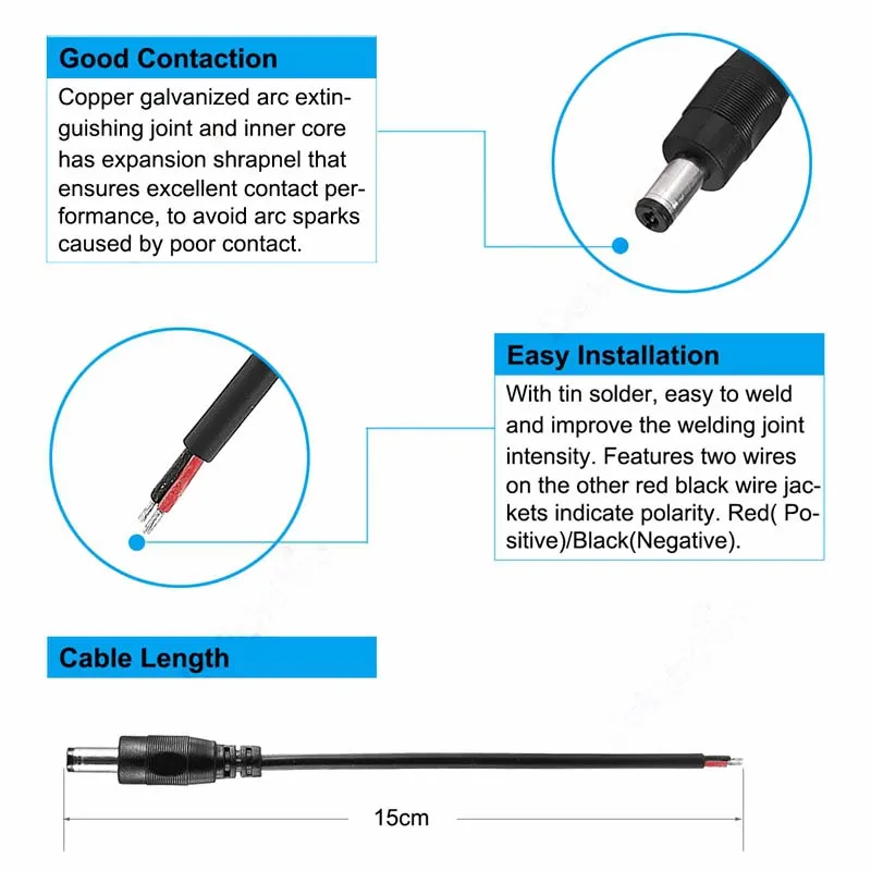 DC 12V 2Pin Pigtail Connector Cable Male Female 2.1mm * 5.5mm Power Pigtails Cord Adapter Jack Connect Cord For LED Light Camera