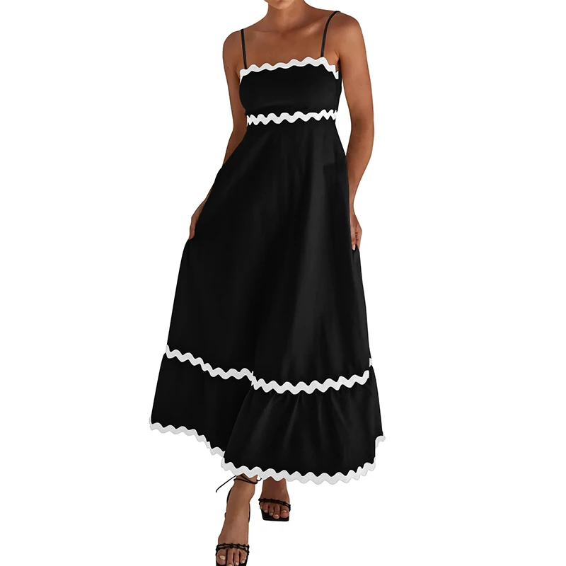 Vestido midi feminino plissado boêmio fluindo linha A, vestido de verão, alças de espaguete, solto, 2022