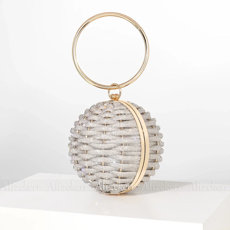 Alizekerr Rhinestone Round Evening Clutch Bags Women Boutique Circular Ball Shaped Woven Diamond Purses And Handbags Wedding