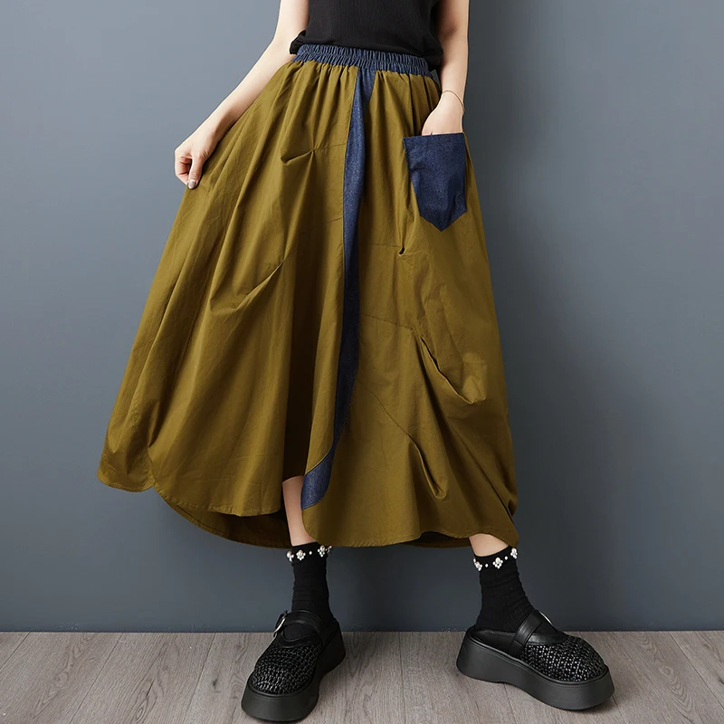 

SuperAen Contrasting Color Pleated Patchwork Denim Asymmetrical Skirt for Women Summer 2025 New Loose Flower Skirts