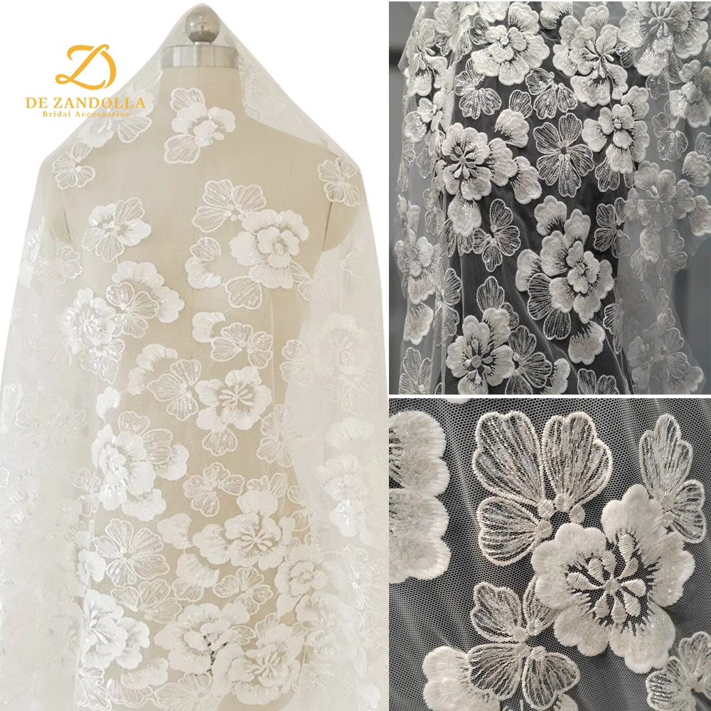 Off White/Ivory Wedding Lace Fabric Sequins Floral Embroidery Bridal Evening Gowns Fabrics Wide Patch 120cm Sold by the yard