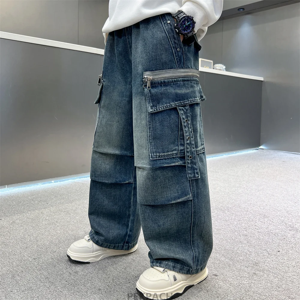 Korean Kids Streetwear Heavy Cargo Jeans Y2K Clothing Boy Hip Hop Retro Pockets Baggy Denim Pants Children Casual Jeans Trousers