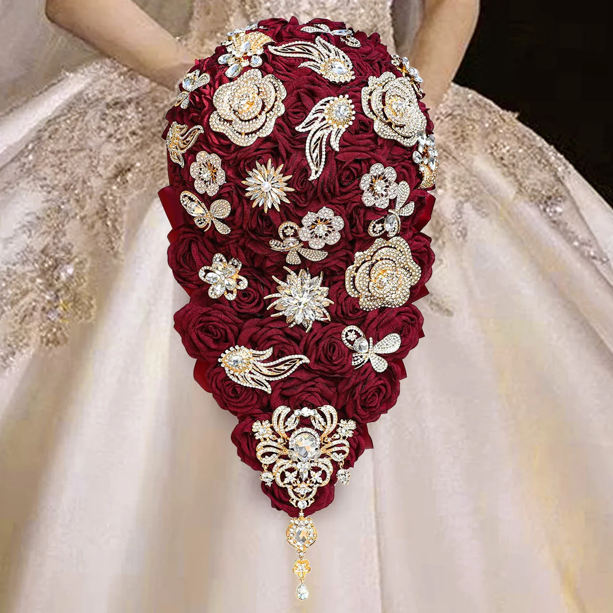 Large Luxury gold Diamond Dark Red Bridal Bouquet Simulated Roses Gift Bride Bridesmaid Wedding Romantic Wedding Bouquet PB1024