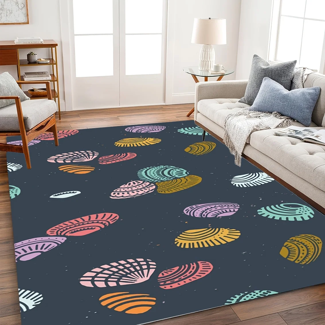 Festive Summer Seashell Motif Rectangular Rug Decorative Non Slip Door Mat Versatile Accent For Gym Dance Studio Lounge