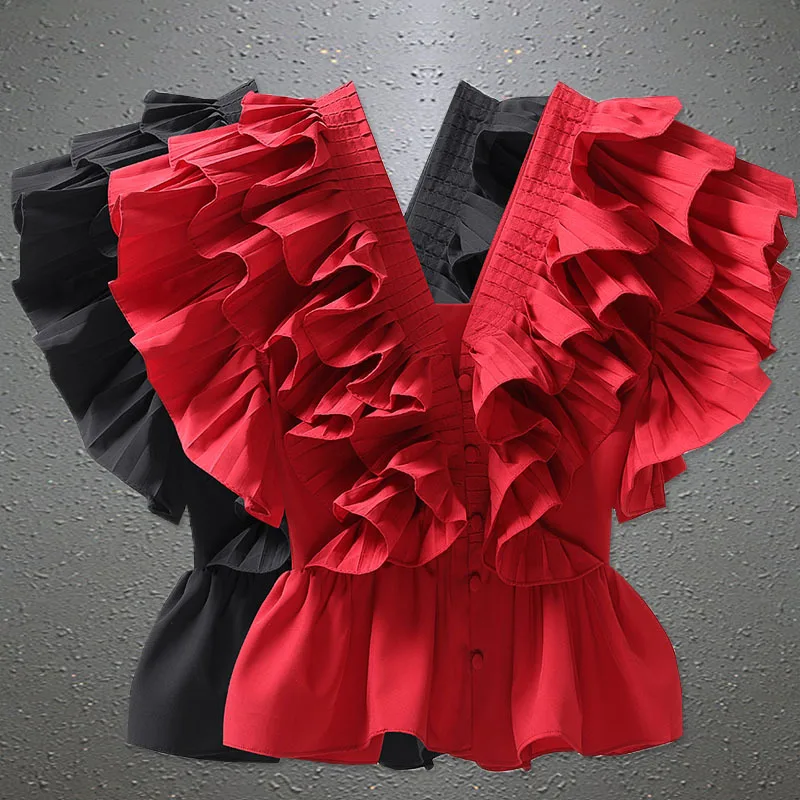 Summer Blusas Feminina Solid Ruffles Vintage V Neck Sexy Women Blouses Korean Fashion Elegant Pleated Short Shirts