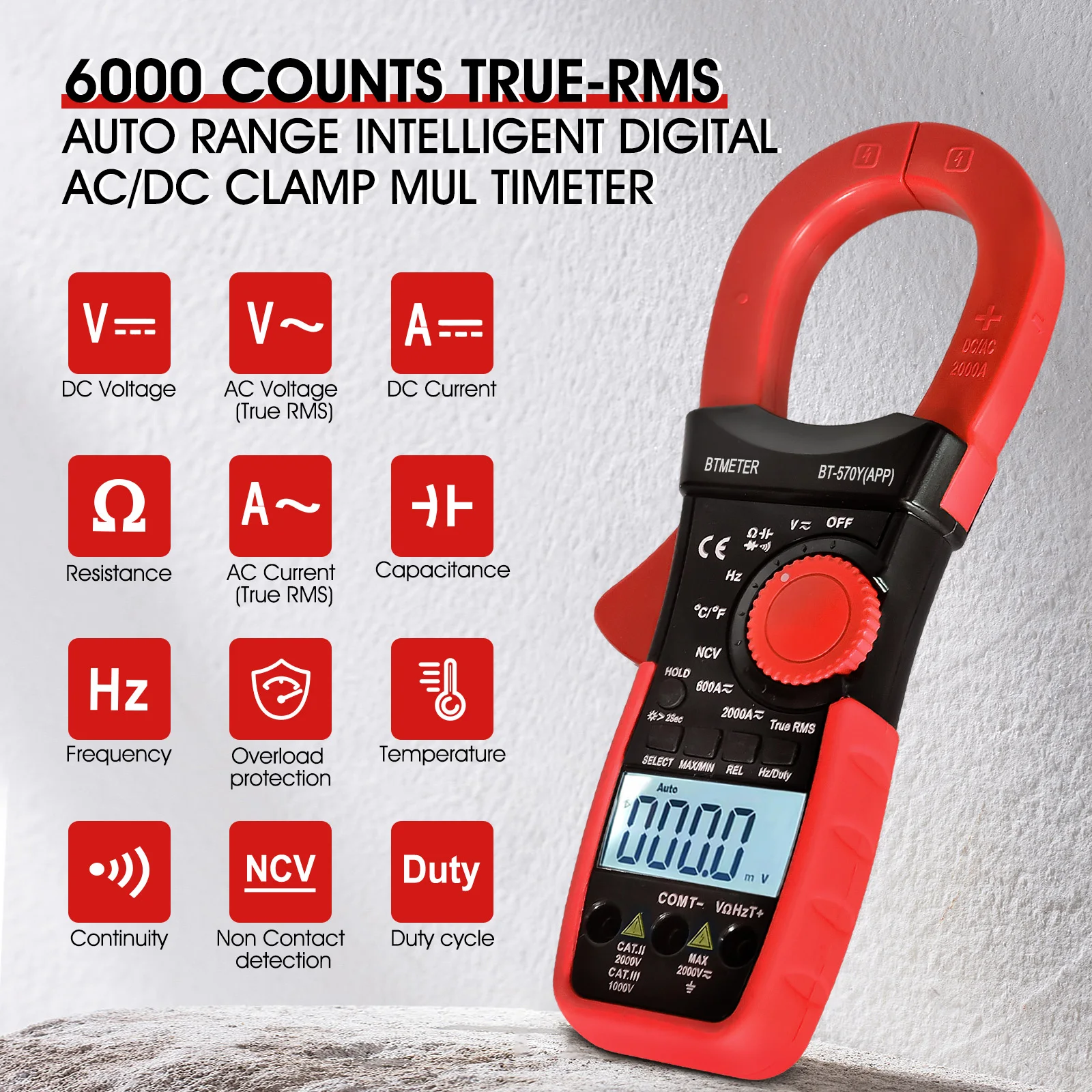 Digital Clamp Meter Multimeter, 6000 Counts Bluetooth Multimeter, 2000A AC/DC Amp Tester, Measures Voltage, Ohms, Capacitance
