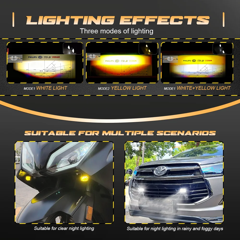 50W Motorcycle Auxiliary 2.5Inch LED Headlight Mini Driving Fog Light Dual Color Spotlights Motorbike Truck Trailer off-road 12V