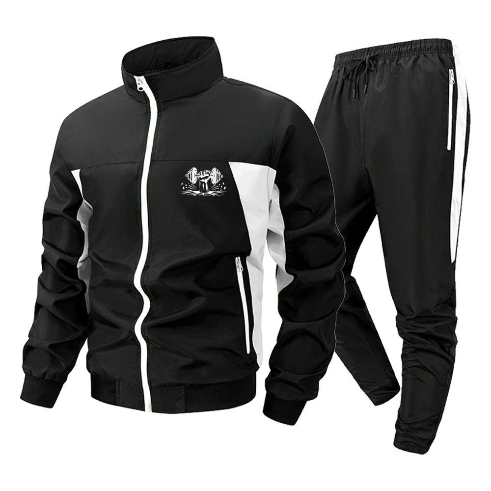 2 Piece Men's Gym Tracksuit Dumbbell Fitness Print Stand Collar Full Zip Jacket and Pants Casual Streetwear Jogging Suit