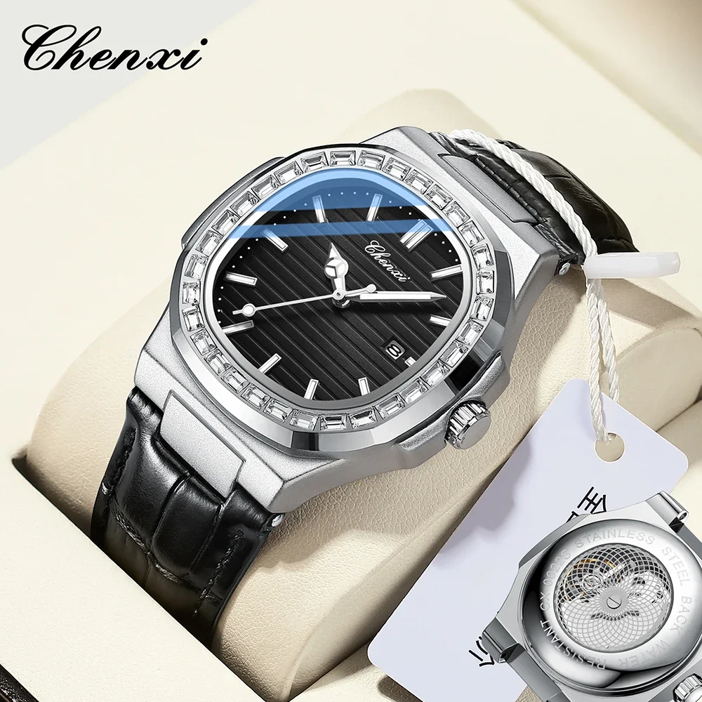 CHENXI-Relógio de pulso de quartzo de couro masculino com diamantes, relógio de luxo high-end, relógio masculino, moda, novo, 0022S, 2024