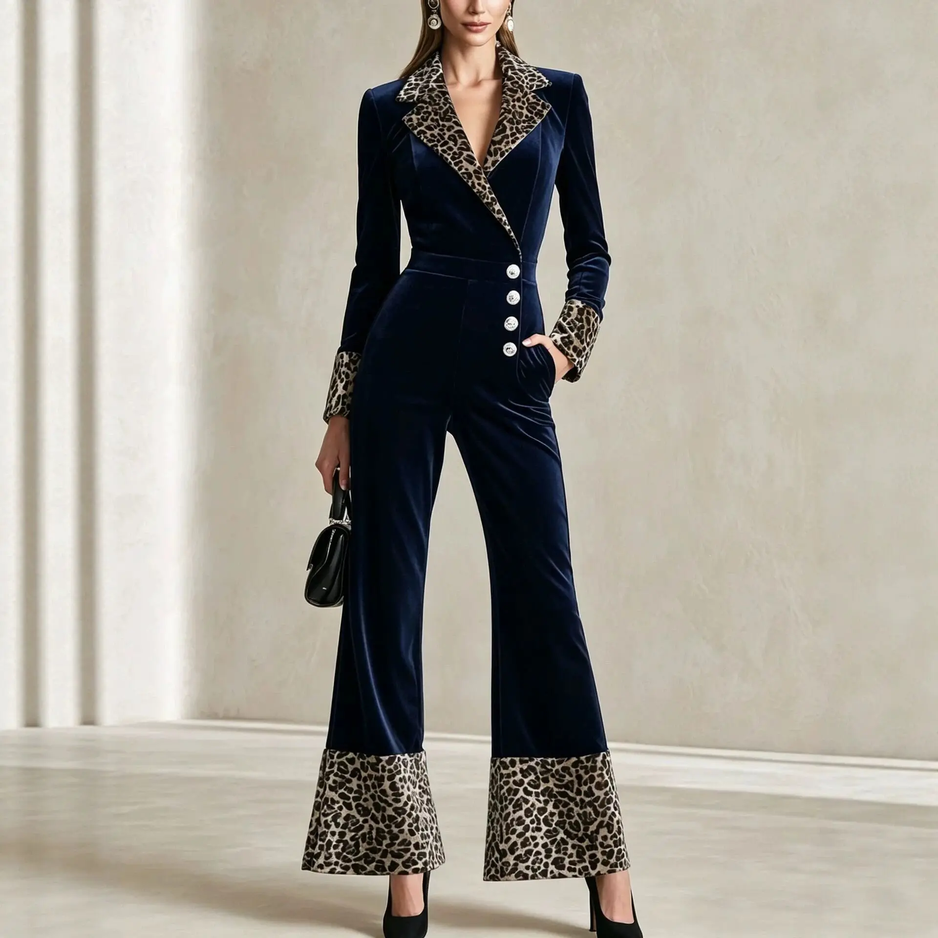 Women Velvet Jumpsuit Leopard Print Patchwork Loog Sleeve Lapel Collar Single Breasted High Waist Flared Pants Elegant Romper