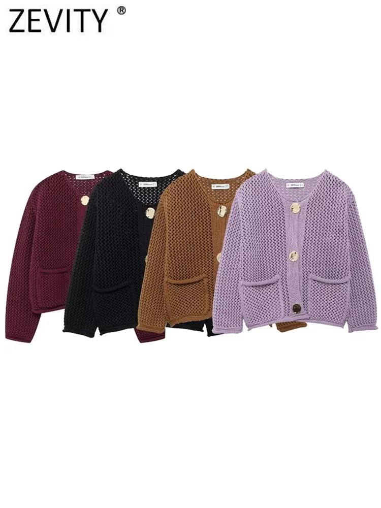 Zevity New Women O Neck Coarse Needle Long Sleeved Knitted Sweater Jacket Female Chic Pockets Design Crop Coats Chic Tops CT7124