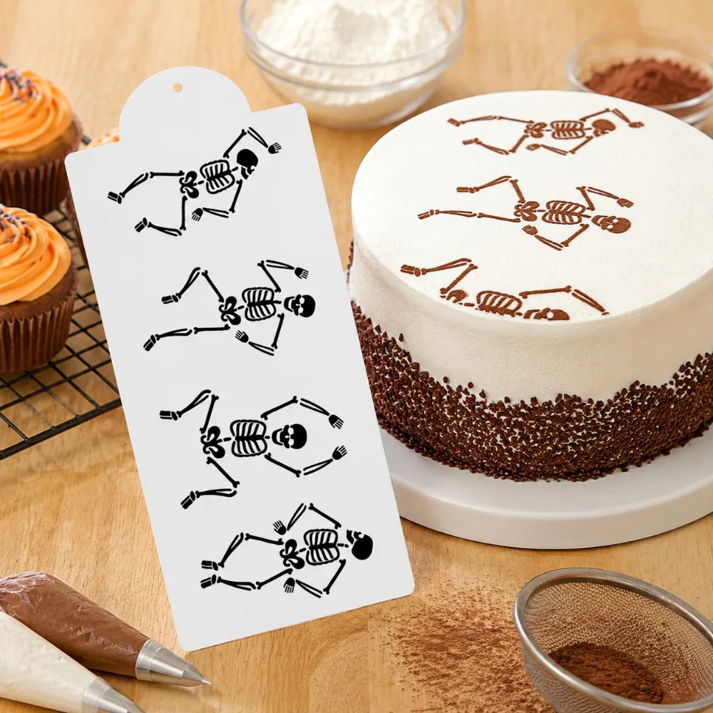 Dancing Skeleton Cake Stencil, Food‑Safe PET Hollow Template, Reusable Decor for Halloween Fondant, Cookie & Party Desserts