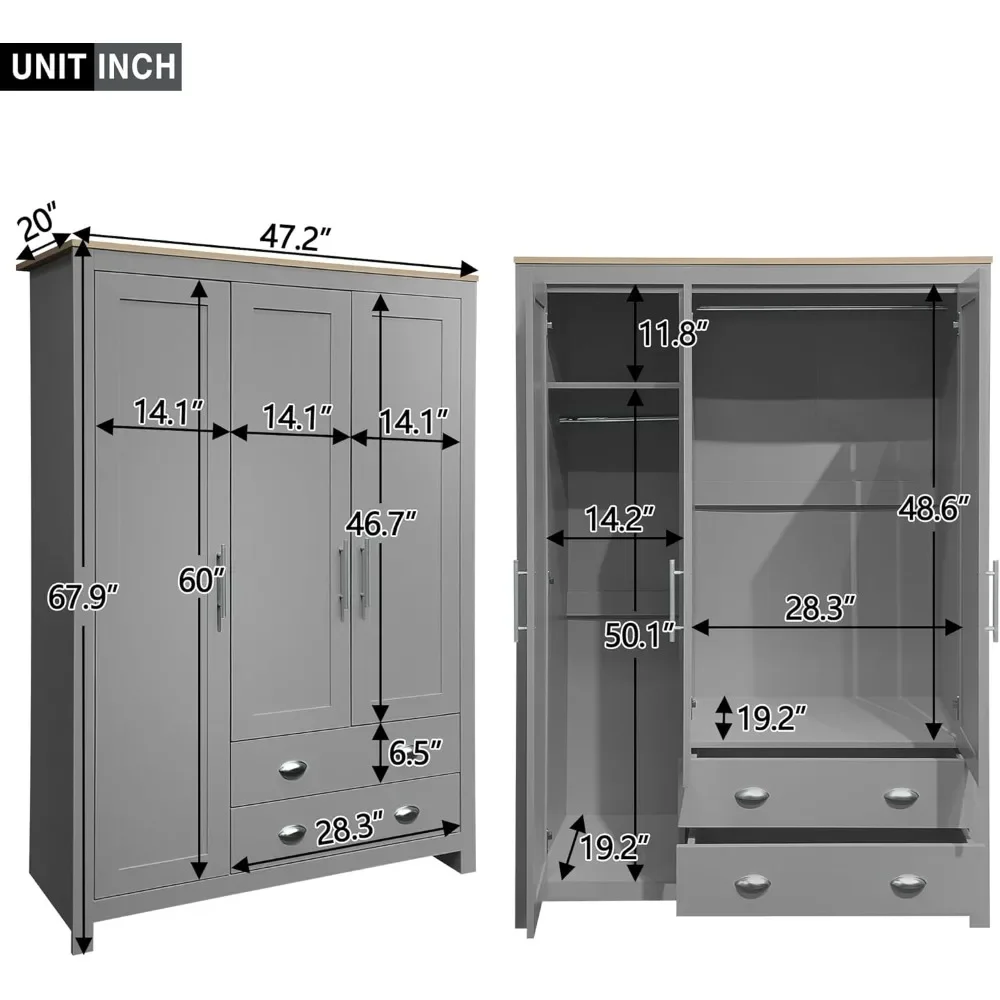 Modern 3-Door Wooden Wardrobe with 2 Drawers and 2 Hanging Rods,Large Capacity Design Gray, sturdy and durable Wardrobe