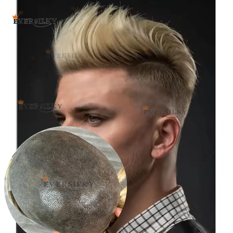 جذور براون أومبير شقراء 4T/613 شعر بشري أوروبي للرجال شعر مستعار غير قابل للاكتشاف خط شعر طبيعي 0.06 مللي متر رقيقة جدا بولي PU هيربيسي #3