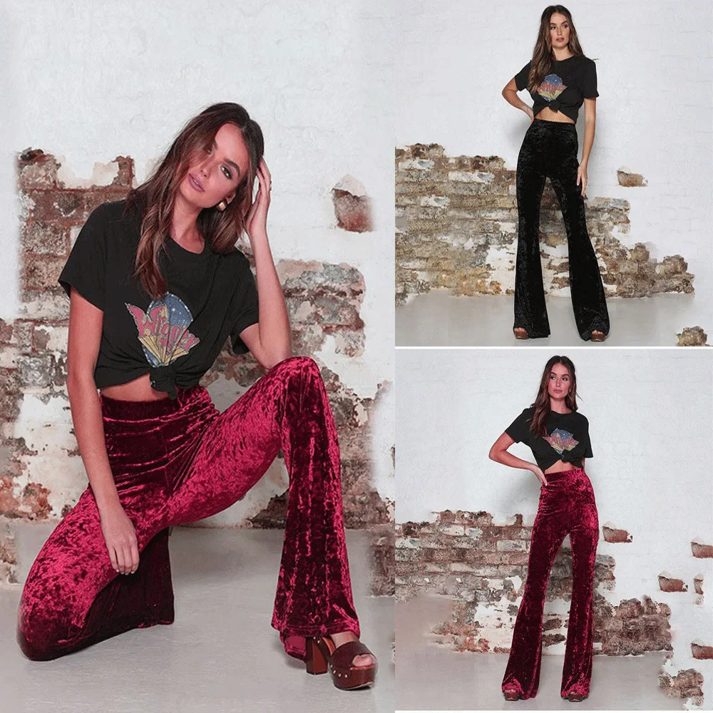 

Spring Autumn Solid-Color Gold Velvet Women's Pants Women's Slightly Flared Pants Women's High-Waisted Casual Wide-Leg Pants