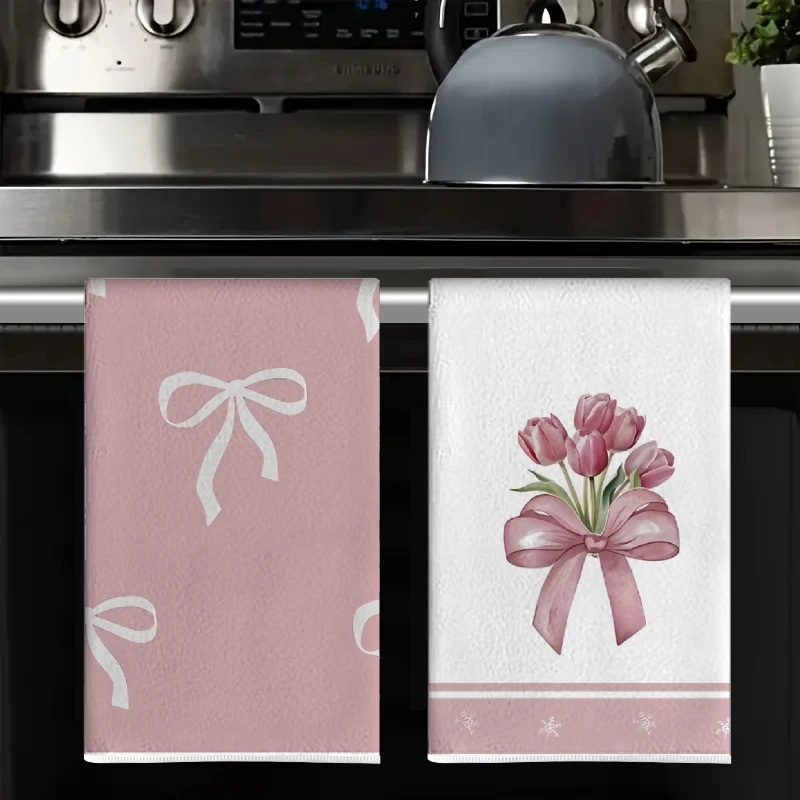 2Pcs, Bow-Tie Tulip Kitchen Towels, 40Cm*60Cm Towel Set, Best Kitchen Towels, Super Absorbent Soft Cleaning Cloth, Cooking and Baking Tea Towels, Hand Towels, Cleaning Cloths, Dishcloths, Kitchen Decor, Living Room Decorations, Kitchen Essentials, Home Essentials
