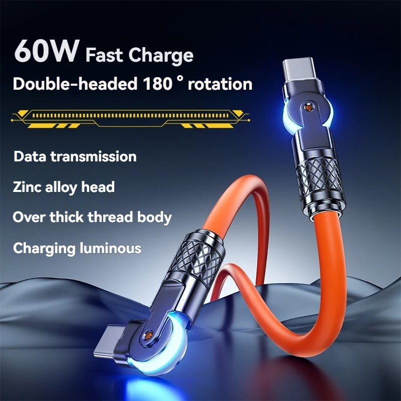 60W PD Super Fast Charge USB C to Type C Cable 180 Degree Elbow Rotation for Data Sync Compatible with Samsung Huawei Laptops