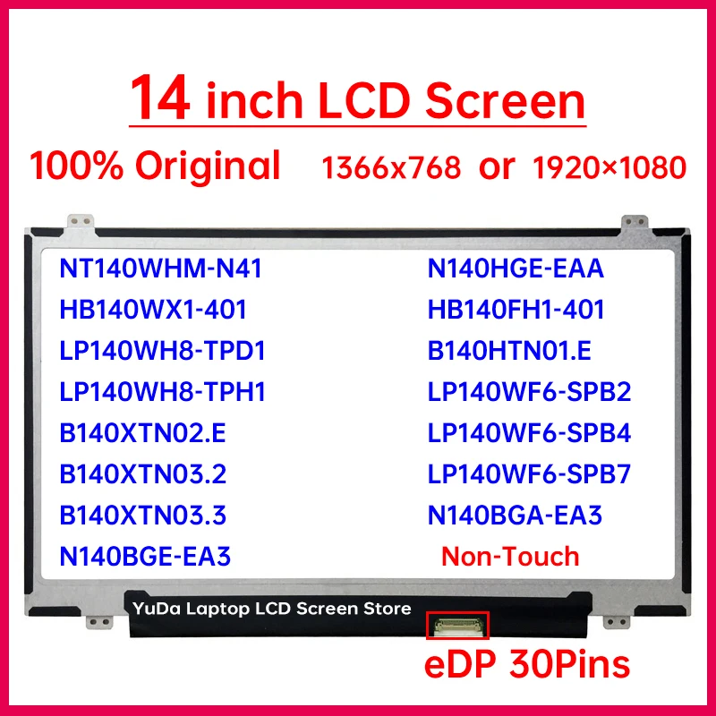 

14-дюймовый ЖК-экран для ноутбука Lenovo ThinkPad E450 E450c E455 E460 E465 E470 E475 Замена матричной панели eDP 30 контактов