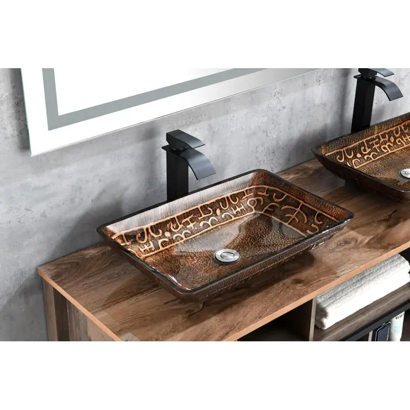 

22" L x 14" W x 4" H Handmade Glass Rectangular Vessel Sink in Brown and Gold Fusion with Faucet & Pop-Up Drain in Matte Black