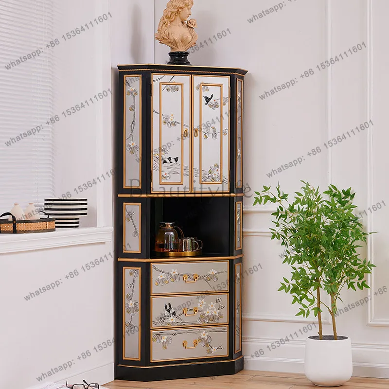 FG new Chinese solid wood painted flowers and birds high-grade 90-degree corner rack triangular locker