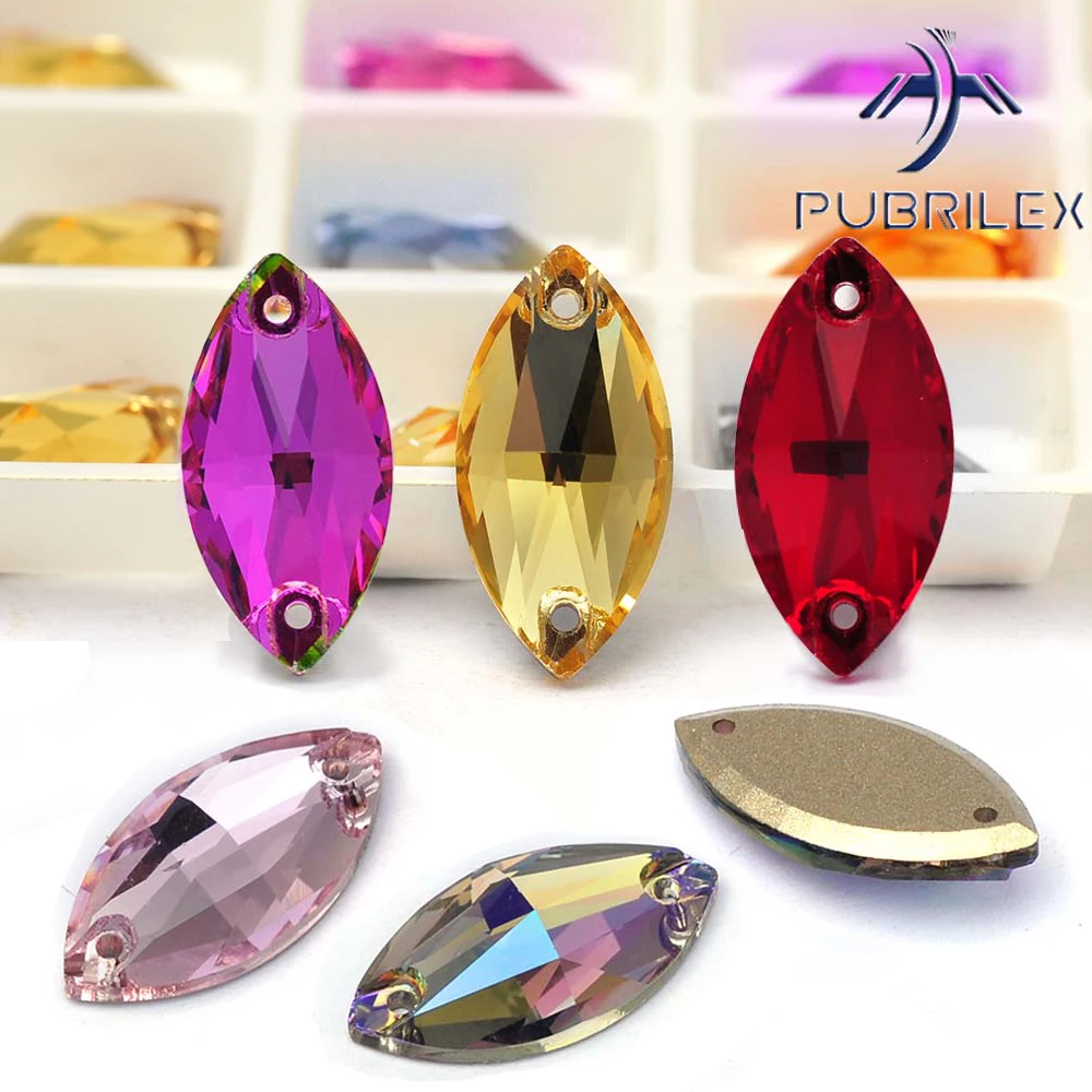 PUBRILEX Glass Strass Navette Edges with Chamfers Flatback DIY Crafts Sew-on Rhinestones for Garments Clothes Bags Sewing Stones