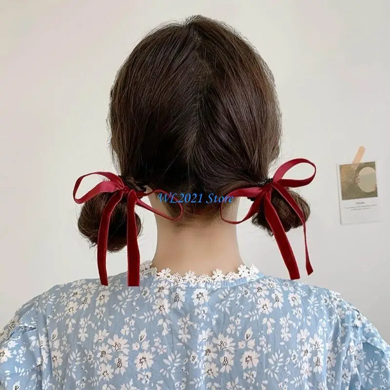 

G5GC 2piece Hair Rope Colorful Ribbon Bowknot Hair Scrunchies Spring Hair Accessories