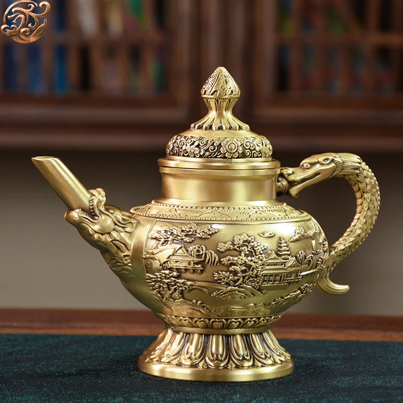 All-brass, heavy-duty, high mountain stream dragon-mouth teapot, large-capacity copper teapot for tea rooms, a decorative gift i